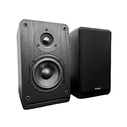 Roxel RBS-300 BK Bookshelf Speaker, Black Wood Effect Cabinet with 4 inch Enhanced Carbon Fibre Woofer, 1 Inch Silk Dome Tweeter, Detailed and Refined Sound150W RMS (Black Wood)