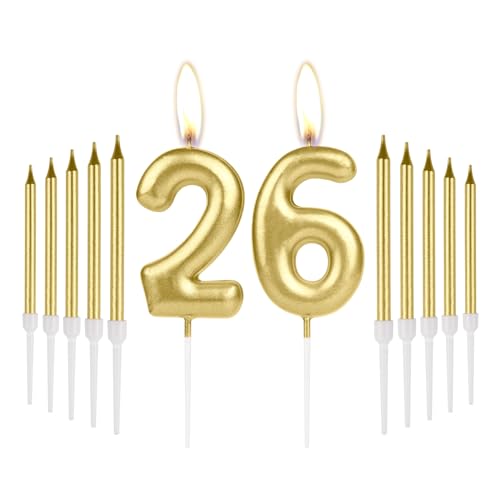 iNINGER Gold 26th Birthday Number Candles - Long Stick Candles with Number 26 Toppers for Girl & Boy - Perfect for Cake, Parties & Anniversaries