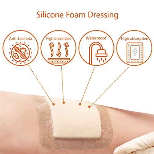 Hoffencare Silicone Foam Dressing, Bordered Silicone Adhesive Foam Bandage 4'' X 4'' 15 Pack, High Absorbency Wound Care Products For Pressure Ulcer, Bedsore Wound, And Diabetic Ulcer #TOP1