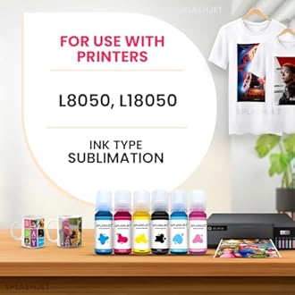 Splashjet Sublimation Ink for Epson L8050, L18050 - Heat Transfer Printing on Mugs, Mobile Cases, Polyester T-Shirts etc for use with Epson 6 Color Printers (70gm x C/M/Y/Bk/LC/LM) – 503504