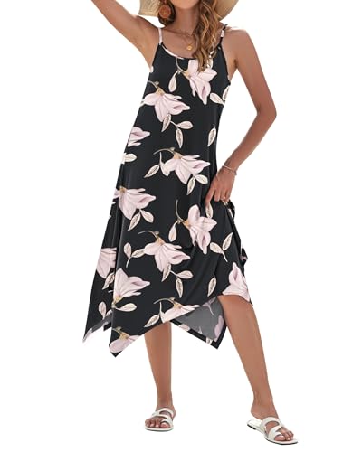 Image of AUSELILY Women's Summer Dresses 2026 Casual Sleeveless Spaghetti Strap Sundress Asymmetrical Midi Dress with Pockets