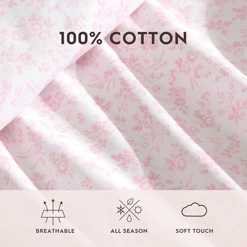 Image of Laura Ashley - Queen Size Sheet Set, Crisp & Lightweight Cotton Percale Bedding with Fitted Sheet and Pillowcases, Floral Room Decor, Deep Pocket, College Dorm Room Essentials (Floral Toile Pink)