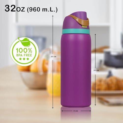 Image of FreeSip Gym Water Bottle with Straw & Chug Lid - Leak Proof Push Button Opening, BPA Free, Large Capacity Sports Bottle with Carry Handle (Valvet Purple, 960 ML)