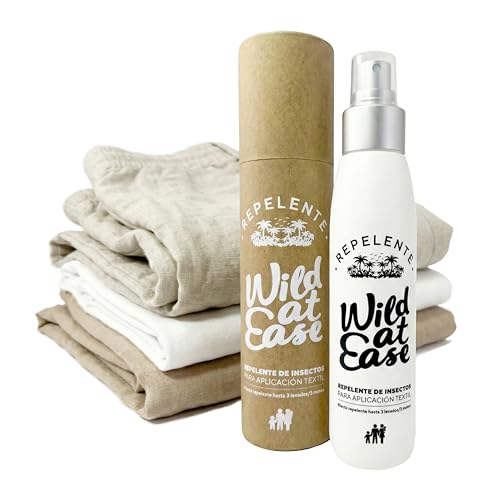 Wild at Ease Spray Repelente Mosquitos y Garrapatas para Ropa y Tejidos con IR3535. Sin DEET ni Permetrina. Protección Contra Picaduras hasta 3 Meses o 3 Lavados. Antimosquitos Sin Olor. 100ml.