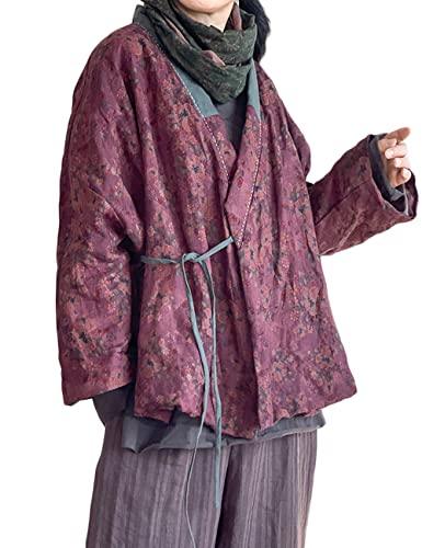 NFYM Gesteppte Kurzjacke für Damen, Baumwolle, Kimono, Cardigan, Wickelfront, chinesischer Hanfu-Stil, bedruckt, Patchwork, lockere Outwear, Violett/Ombre, Einheitsgröße, Lila, Einheitsgröße, violett,