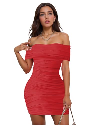 Image of Womens Off Shoulder Sleeveless Bodycon Dresses Ruched Solid Sexy Graduation Cocktail Party Mini Dresses