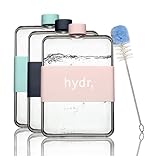 hydr | 15oz Flat Water Bottle For Purse & Flexible Cleaning Brush | BPA Free Square Water Bottle | Leak/Drop Proof Slim Water Bottles For Travel, small water bottle