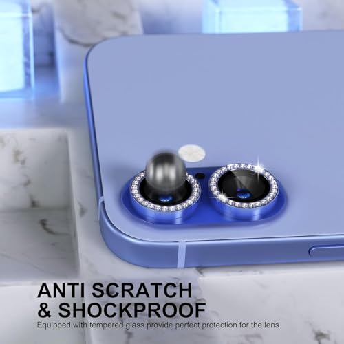 Image of Diamond Camera Lens Protector for iPhone 16 & iPhone 16 Plus Blue HD Clear 9H Hard Tempered Glass Camera Cover Waterproof Easy Install Full Camera Protection Anti Drop Case Friendly Luxury Shiny Diamond Design