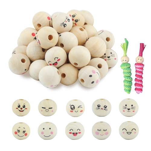 YUUTIAL 100 unidades de 10 estilos de contas de madeira com rosto de 20 mm, bolas de madeira com rosto, pérolas de madeira natural para minhocas da sorte, para trabalhos manuais, jóias