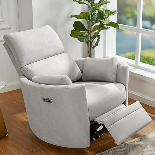 Image of Jocisland Power Recliner Nursery Chair for Adults, Swivel Rocking Glider with 4 Massage Points, USB & Type-C Charge, 2 Pillows, Barrel Armchair Single Sofa for Living Room Bedroom, Light Grey