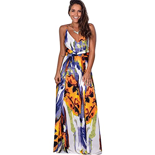 chinese dress ladies Women Bohemian Floral Printed Wrap Deep V Neck Spaghetti Strap Dress Retro  Casual Beach Party Boho Tropical Summer Maxi Dress Cross Back Strappy  Backless Wedding Prom Evening Dress Purple Tie Dye S