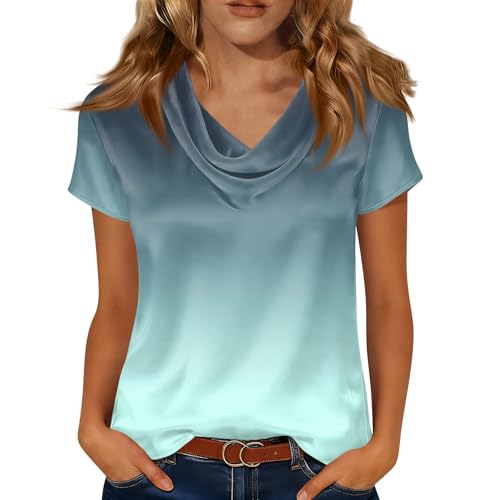 Womens Short Sleeve Graphic T Shirts Oversized Business Casual Summer Womens Tops Dressy Casual Plus Size Silky Cowl Neck Satin Silk Blouses Beach Gradient Color Teacher Outfits Blue S