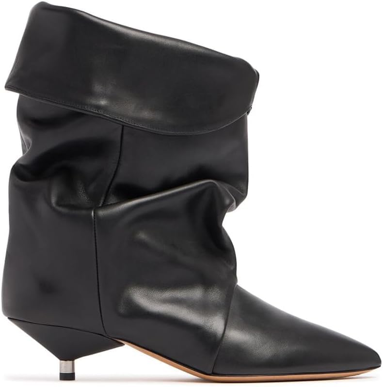 MAVMAX Slouchy Suede Ankle Boots Kitten Heel Boots Fold Over Pointed Toe Boot for Women Short Booties Causal