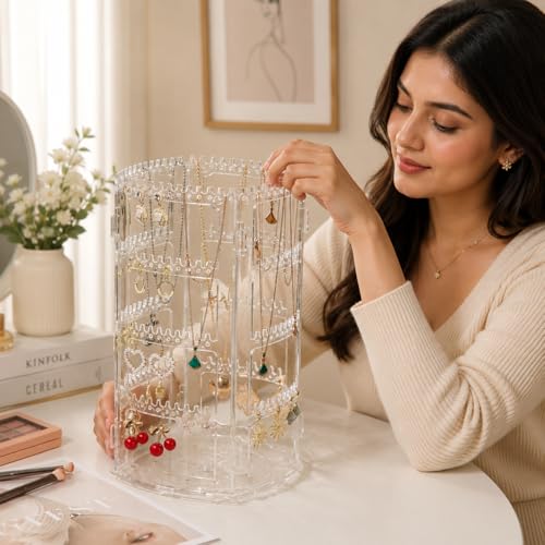 Image of DecoLogy 360 Rotating Transparent Acrylic Jewelry Organizer Tower | Earring Holder Stand with Necklace, Ring & Bracelet Storage | Dust-Free Jewelry Display Organizer for Women | 1 Piece