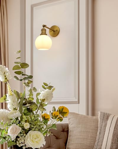 Image of Yosoan Boho Aged Brass Gold Vanity Bathroom Wall Sconce with Milk Shade, 1-Light Indoor Hardwired Wall Mounted Vintage Industrial Lights with Ribbed Round Glass Lamp for Mirror Living Room(Antique)