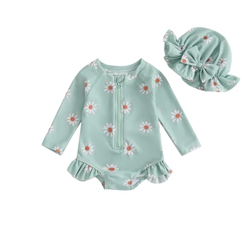 YILEEGOO Toddler Baby Girl Swimming Costume with Hat Long Sleeve Zip Up Floral Ruffle Swimsuit Girls One Piece Swimwear Bathing Suits Summer Beachwear (Green, 12-18 Months)