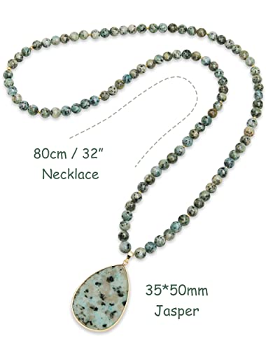 Pearlfect Long Pendant Necklaces For Women/Men Trendy, 8Mm Womens Beaded Jasper Necklace,32 Inch Green Stone Bead Boho Necklace Jewelry,Chunky Statement Necklace,Handmade Fashion Jewelry Gifts (06 Green Dot Jasper) #TOP2