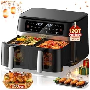 12QT Large Double Basket Air Fryer with 50PCS Paper Liners and Vi...