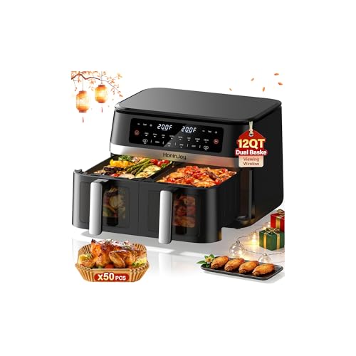 HoninJoy 12QT Large Double Basket Air Fryer with 50PCS Paper Liners and Viewing Window, 12-in-1 Digital Touchscreen Dual Zone Air Fryers for Easy Meal, SyncCook to Roast,Reheat,Broil, Dishwasher Safe