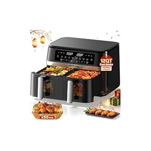 12QT Large Double Basket Air Fryer with 50PCS Paper Liners and Viewing Window, 12-in-1 Digital Touchscreen Dual Zone Air Fryers for Easy Meal, SyncCook to Roast,Reheat,Broil, Dishwasher Safe
