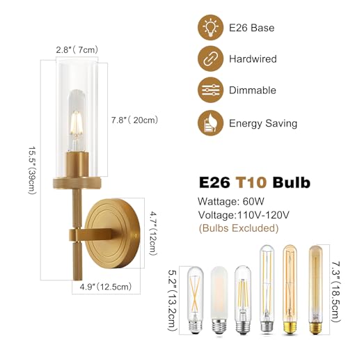 Image of Gold Wall Sconces,Sconces Wall Lighting 15.5 inch Knurled Aluminum Bathroom Vanity Wall Light Fixture with Clear Glass,Modern Brushed Brass Bathroom Sconces Wall Lights for Living Room,Bedroom,Corridor