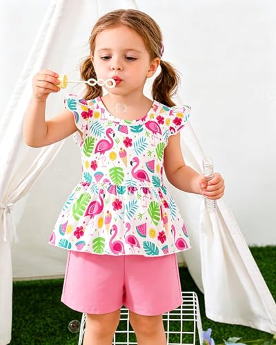 Image of Girls Summer Outfits Toddler Baby Girls Short Sets 2 Piece Clothing Set Flutter Sleeve Shirt and Short 2-7 Years