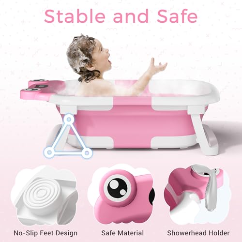 Image of BUNWAG Baby Bathtub,Collapsible Newborn Bathtub for Infant to Toddler with Soft Cushion and Thermometer,Portable Travel Newborn Tub with No-Slip Feet,Baby Shower Gifts,0-12 Months Babybath,Bright Pink
