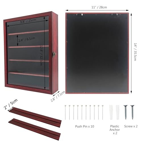 Image of FramePro 11x14 Display Case with Adjustable Shelves Cherry, 4-Tier Memory Shadow Box for Wall, Deep Wooden Keepsake Display Shelf with Locking Door for Memorabilia, Photos, Medals, Wedding, Home Decor