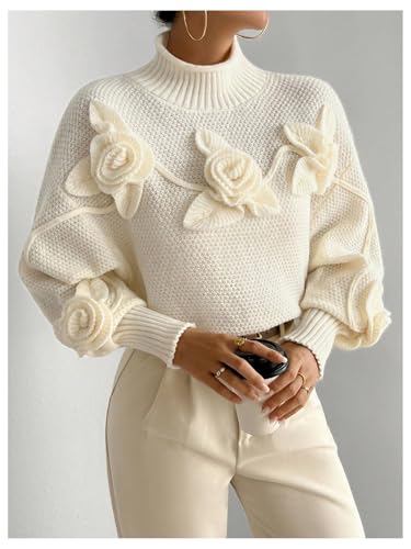 Image of MakeMeChic Women's 3D Flower Mock Neck Sweater Lantern Sleeve Drop Shoulder Pullover Top Apricot Medium