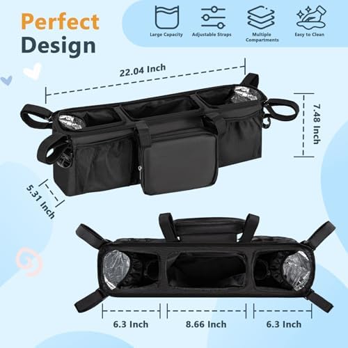 Double Stroller Organizer for Bob Duallie and Baby Jogger City Mini GT2, Double Baby Stroller Accessories with 2 Cooler Pockets, Parent Console Double Jogging Stroller Caddy with Zipper Bag(Bag Only) — view 6