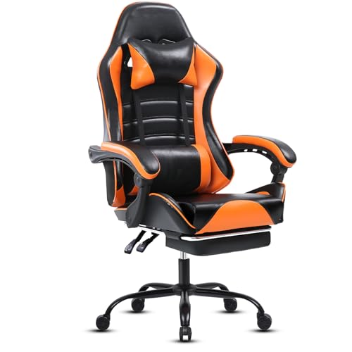 HOTOSYCH Sillas Gaming con Reposapies, Silla Gamer Adulto con Respaldo Lumbar, Silla Escritorio Gaming Ajustable en Altura, Silla Ordenador en Piel Sintética (Cojín Lateral, Naranja)