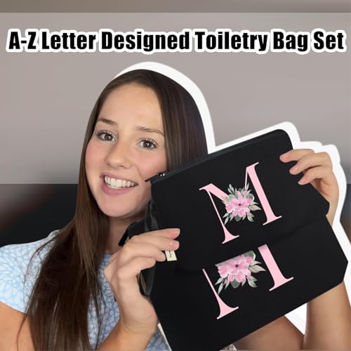 Image of Vavabox A-Z Personalized Makeup Bag, Birthday Gifts for Women Mom, Gifts for Best Friend, Bride Bridesmaid Cosmetic bag (M, 04-Black Set)