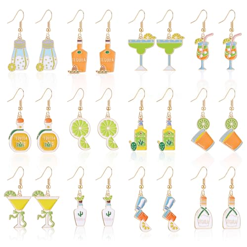 Sureio 12 Pairs Tequila Earrings for Women Margarita Sombrero Piata Lime Cocktail Earrings Cute Dangle Gold Plated Jewelry Gifts Whisky Creative Party Favor for Summertime