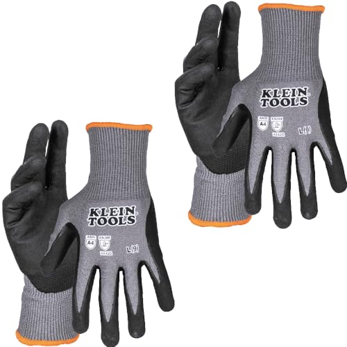 Image of Klein Tools 60589 Work Gloves, Knit Dipped Cut Resistant ANSI A4 Nitrile Coated Gloves, HPPE Fabric, Touchscreen Capable Fingertips, Large, 2-Pair