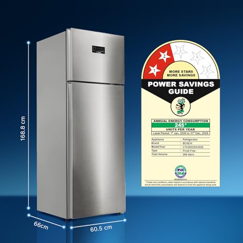 Image of Bosch 368L, 2 Star, Frost Free Double Door Refrigerator | 6-in-1 Convertible Storage Modes | 80min Convert | Touch Panel | Extend Cool up to 18 hrs | SuperFreeze (CTC39S22VI, Fine Steel, 2026 Model)