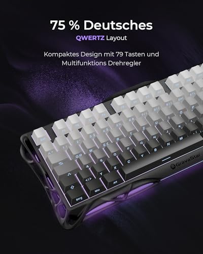GravaStar Mercury K1 75% Mechanische Gaming Tastatur, QWERTZ Layout (DE), Magnesiumlegierung Exoskelett, Tri-Mode (2.4G/BT/USB-C), Hot Swap, Gasket Mount, RGB - Farbverlauf Schwarz 2