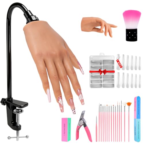 Veikmv Practice Hand for Acrylic Nails Realistic Silicone Mannequin Hand with Flexible Fingers for Acrylic Nails Gel Polish Training Complete Nail Art Beginner Set with Brush & File
