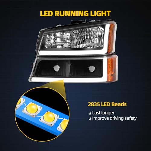 Image of DWVO LED DRL Headlight Assembly Compatible with 03-06 Silverado Black