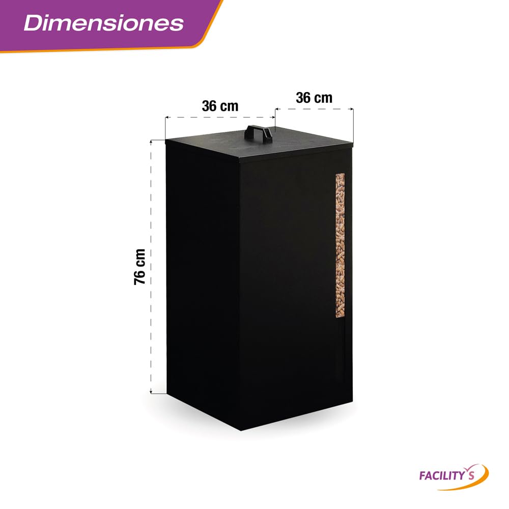 FACILITYS - Depósito de Pellets Granulados Leña con Ruedas 36 x 36 x 76 cm - Volumen 70 L, 45 kg - Caja Almacenamiento Pellets de Madera Granulados Diseño - Transporte Fácil
