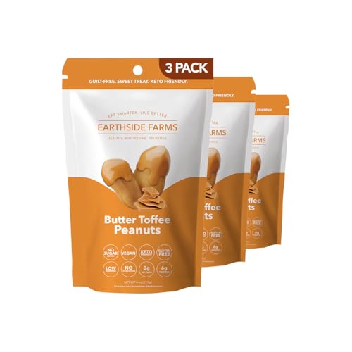 Image of Earthside Farms Butter Toffee Peanuts, 3 Count 4oz Resealable Snack Bags, No Sugar Added, Keto Friendly, Vegan, Gluten Free, Non GMO, Low Carb, High Protein, Candied Peanuts Snack