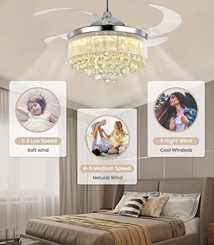 7Pm 36” Crystal Ceiling Fans With Ligths Remote Control, Modern Chandelier Ceiling Fans, Color Temperature Adjustable 6 Wind Speeds Dimmable, Fandelier Retractable Ceiling Fan With App Control, Chrome #TOP2