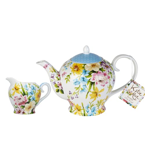 CasaGold Katie Alice English Garden Printed Teapot & Small Jug Set / Teapot, Porcelain Floral Teapot Tea Set, Tea Kettle/ pots for Tea