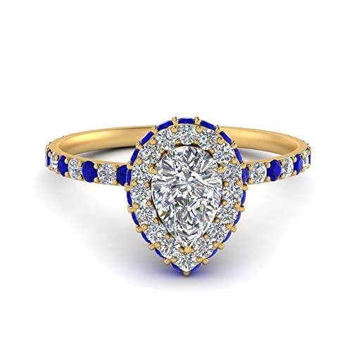 Image of Choose Your Gemstone Pave Rollover Pear Halo Engagement Ring Yellow Gold Plated Pear Shape Halo Engagement Rings Matching Jewelry Wedding Jewelry Easy to Wear Gifts US Size 4 to 12