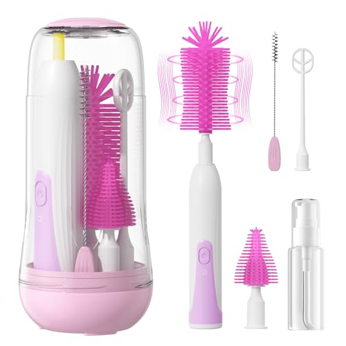 Image of Electric Bottle Brush Cleaner, Rechargable Electric Baby Bottle Brush Cleaner with Nipple & Straw Brush, Travel Baby Bottle Brush with Drying Rack, Perfect Essentials for Mom After Birth, Pink