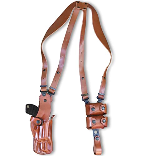 Premium Leather Vertical Shoulder Holster System with Double Speed Loader, for Smith Wesson N-Frame Model 629 Classic Full Underlug Barrel 44 Mag 3''BBL, R/H Draw, Brown Color #1486#