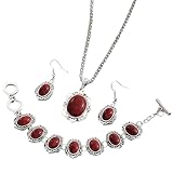 YAZILIND Jewelry Sets Silver Plated Retro Red Synthesis-Turquoise Flower Pendant Necklace Earrings Bracelet for Women Gift