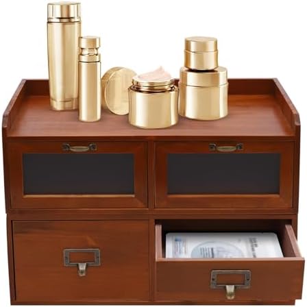 Vintage 3-Drawer Wooden Desktop Organizer Cabinet with Glass Doors - 15x6x7 Inch Rustic Storage Solution for Office, Desk, or Countertop Decor