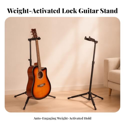 Image of Height Adjustable Guitar Stand with Weight-Activated Lock Foldable Weight-Activated Lock Guitar Stand Self-Locking Soft-Padded for Guitarists, Musicians, Home Studio, Stage, Music Room, Gravity Lock