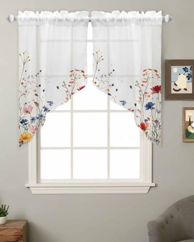 Blooming Flower Swag Curtain Valance for Kitchen Window, Voile Sheer