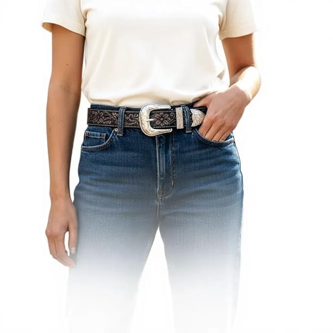 Image of Western Leather Belt for Men & Women, Floral Embossed Cowhide, Durable Rodeo Style for Jeans, Casual Wear & Country Outfits